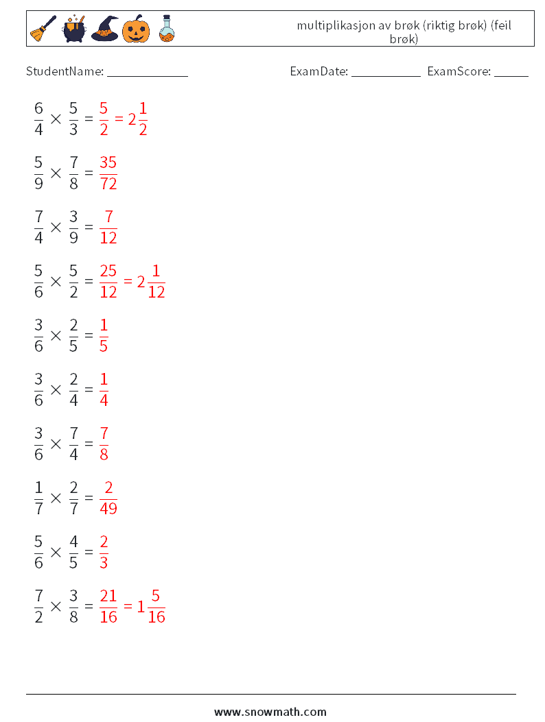 (10) multiplikasjon av brøk (riktig brøk) (feil brøk) MathWorksheets 4 QuestionAnswer