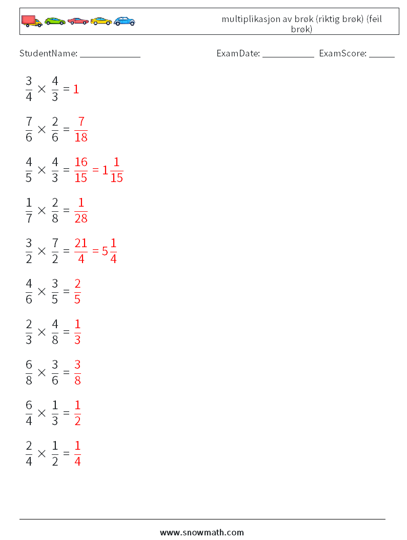 (10) multiplikasjon av brøk (riktig brøk) (feil brøk) MathWorksheets 5 QuestionAnswer