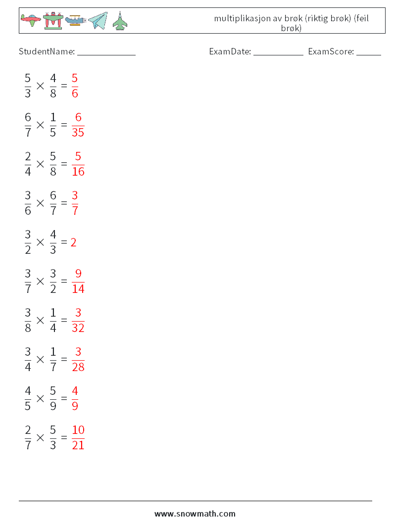 (10) multiplikasjon av brøk (riktig brøk) (feil brøk) MathWorksheets 6 QuestionAnswer