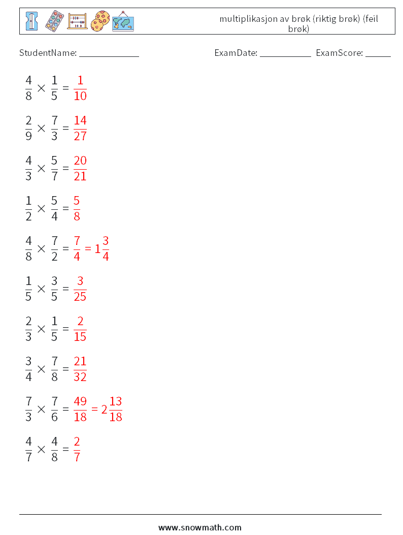 (10) multiplikasjon av brøk (riktig brøk) (feil brøk) MathWorksheets 7 QuestionAnswer