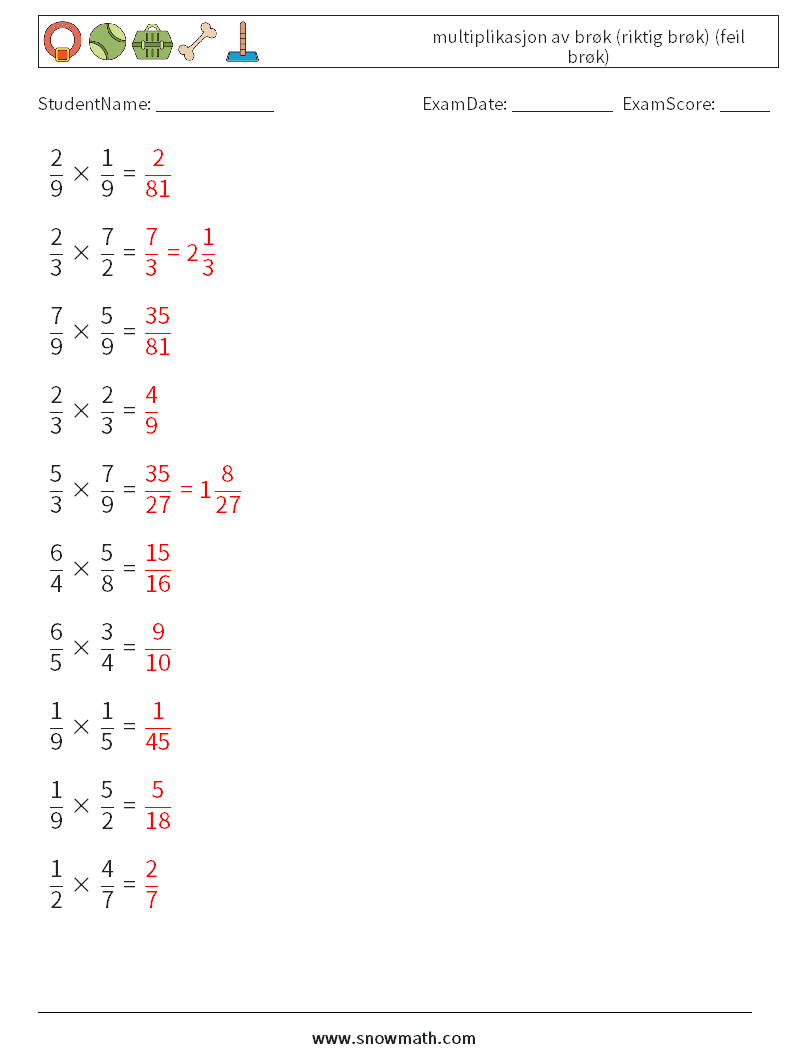 (10) multiplikasjon av brøk (riktig brøk) (feil brøk) MathWorksheets 8 QuestionAnswer