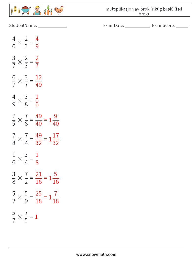 (10) multiplikasjon av brøk (riktig brøk) (feil brøk) MathWorksheets 9 QuestionAnswer