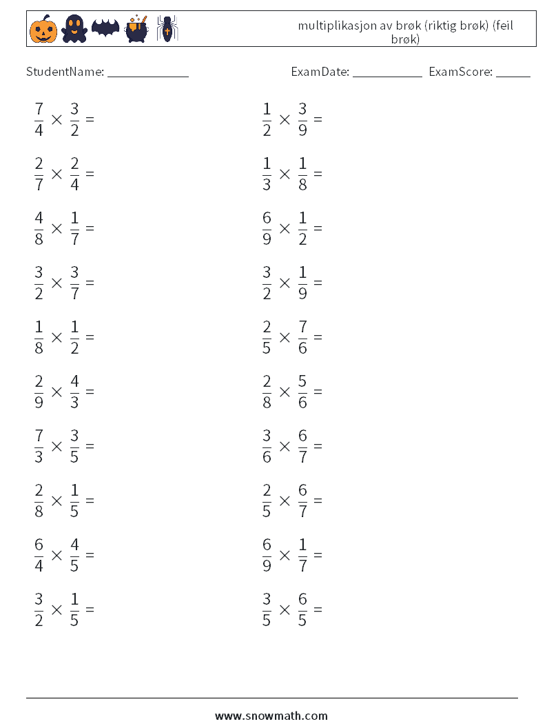 (20) multiplikasjon av brøk (riktig brøk) (feil brøk) MathWorksheets 1