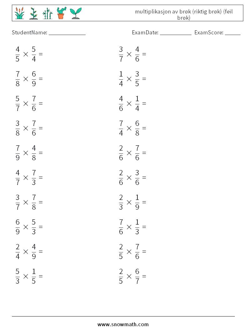 (20) multiplikasjon av brøk (riktig brøk) (feil brøk) MathWorksheets 10
