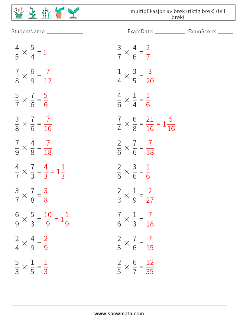 (20) multiplikasjon av brøk (riktig brøk) (feil brøk) MathWorksheets 10 QuestionAnswer