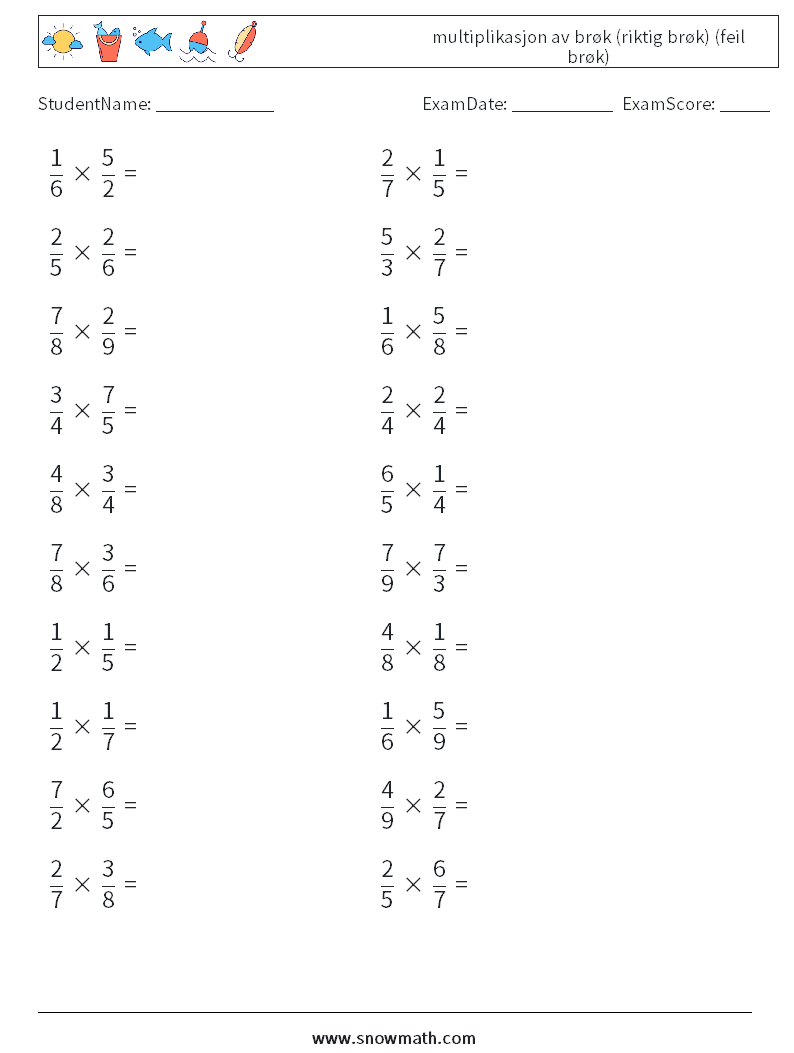 (20) multiplikasjon av brøk (riktig brøk) (feil brøk) MathWorksheets 11