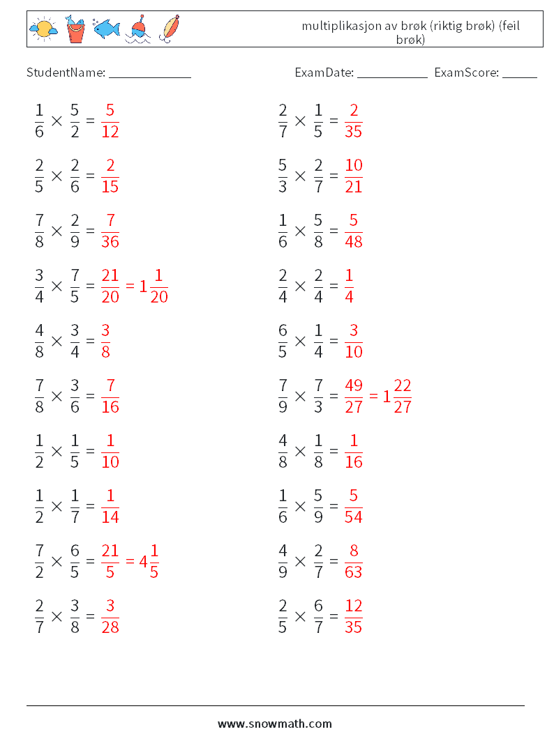 (20) multiplikasjon av brøk (riktig brøk) (feil brøk) MathWorksheets 11 QuestionAnswer