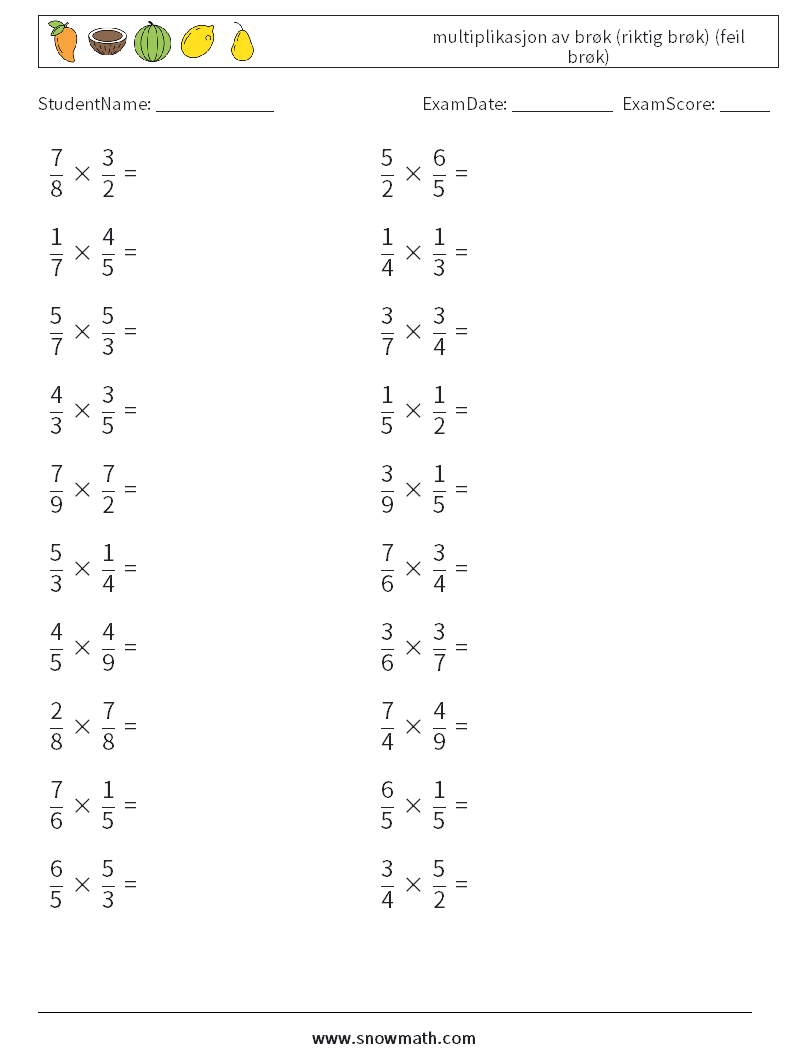 (20) multiplikasjon av brøk (riktig brøk) (feil brøk) MathWorksheets 12