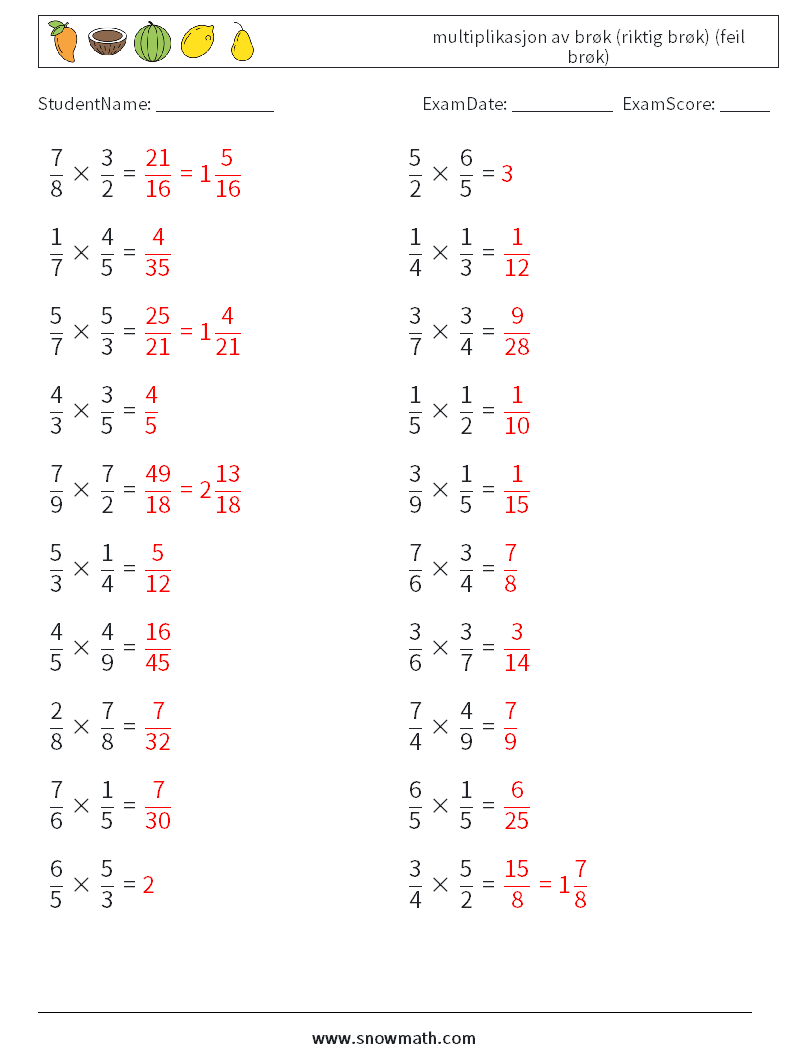 (20) multiplikasjon av brøk (riktig brøk) (feil brøk) MathWorksheets 12 QuestionAnswer