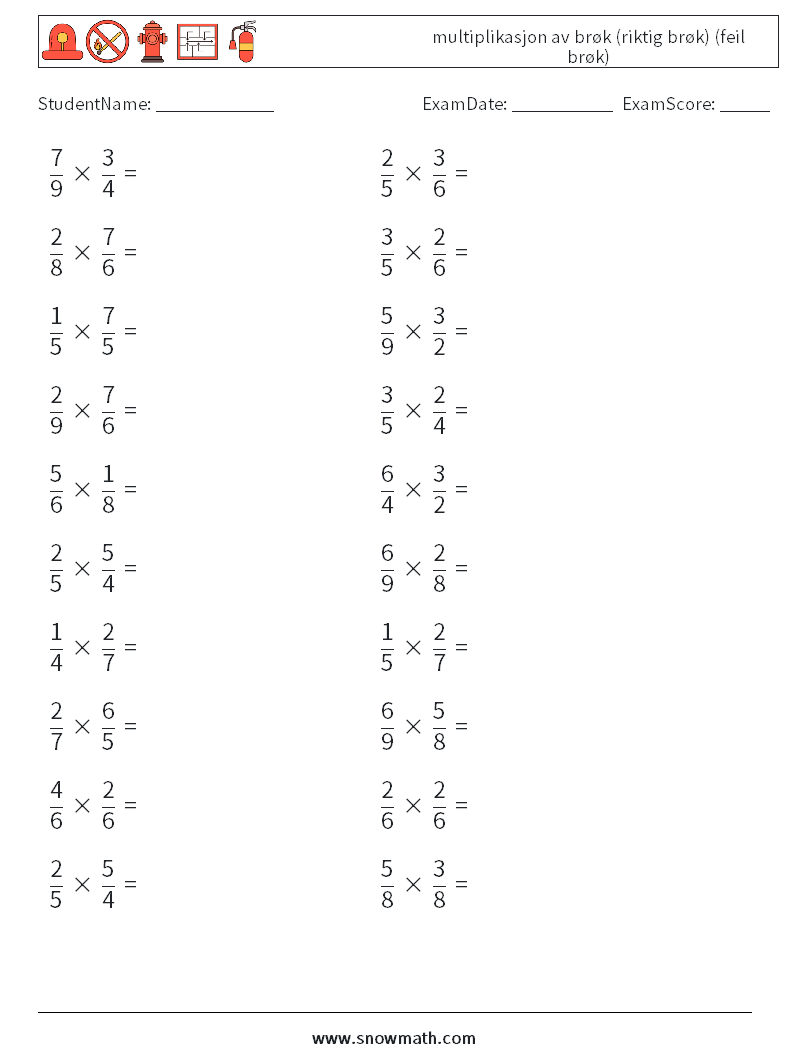 (20) multiplikasjon av brøk (riktig brøk) (feil brøk) MathWorksheets 13