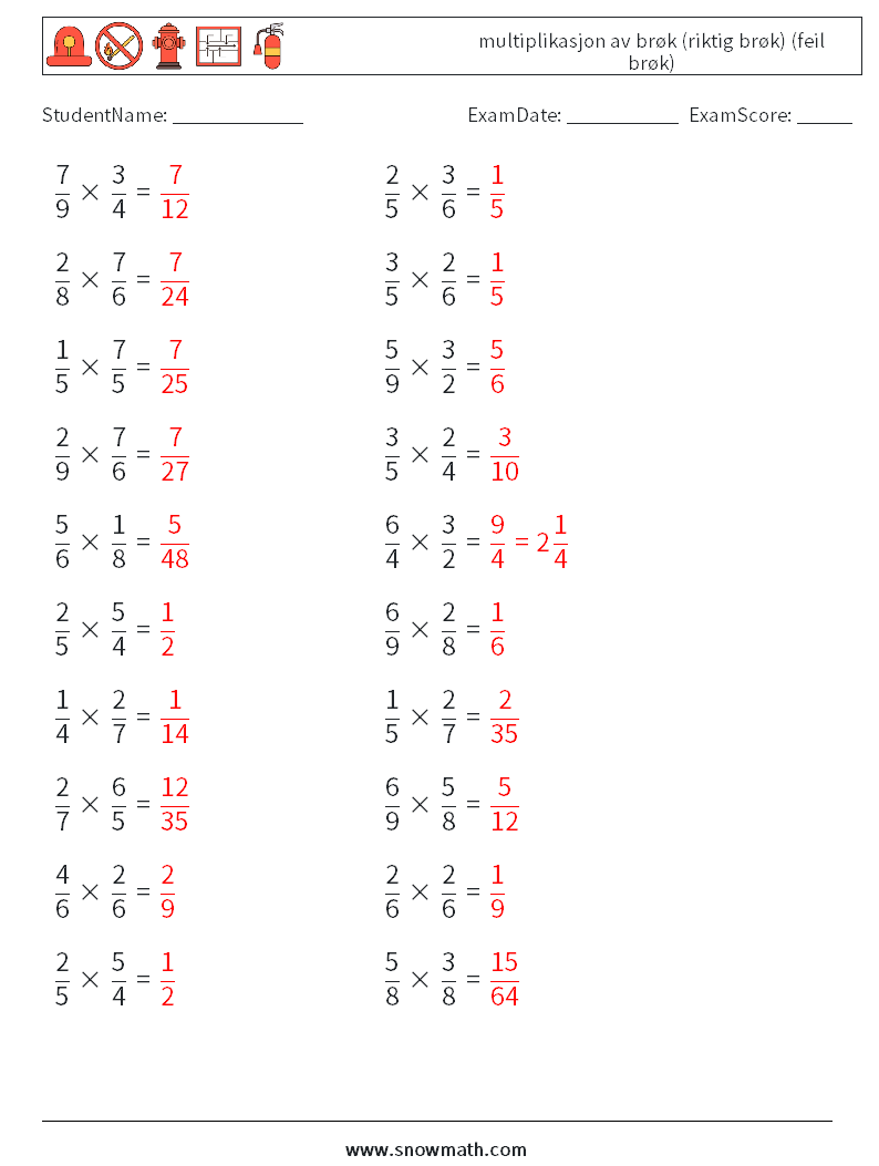 (20) multiplikasjon av brøk (riktig brøk) (feil brøk) MathWorksheets 13 QuestionAnswer