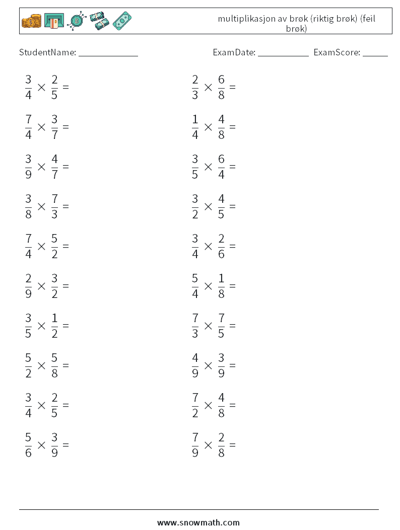 (20) multiplikasjon av brøk (riktig brøk) (feil brøk) MathWorksheets 14
