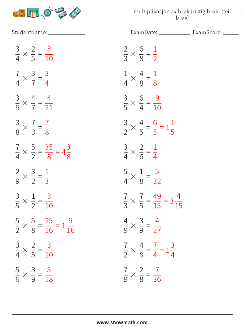 (20) multiplikasjon av brøk (riktig brøk) (feil brøk) MathWorksheets 14 QuestionAnswer