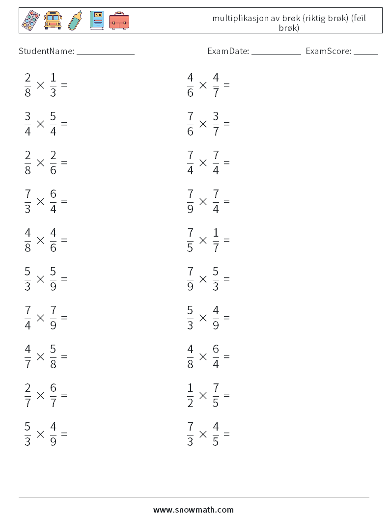 (20) multiplikasjon av brøk (riktig brøk) (feil brøk) MathWorksheets 15