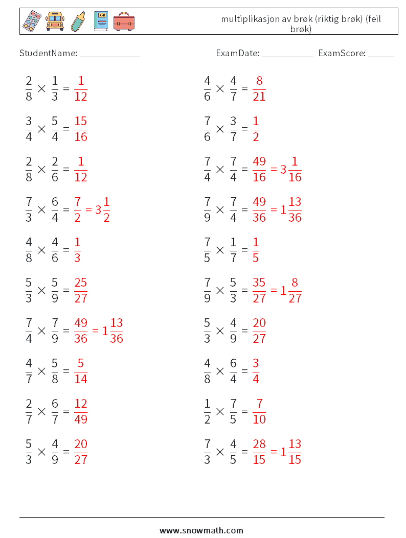 (20) multiplikasjon av brøk (riktig brøk) (feil brøk) MathWorksheets 15 QuestionAnswer