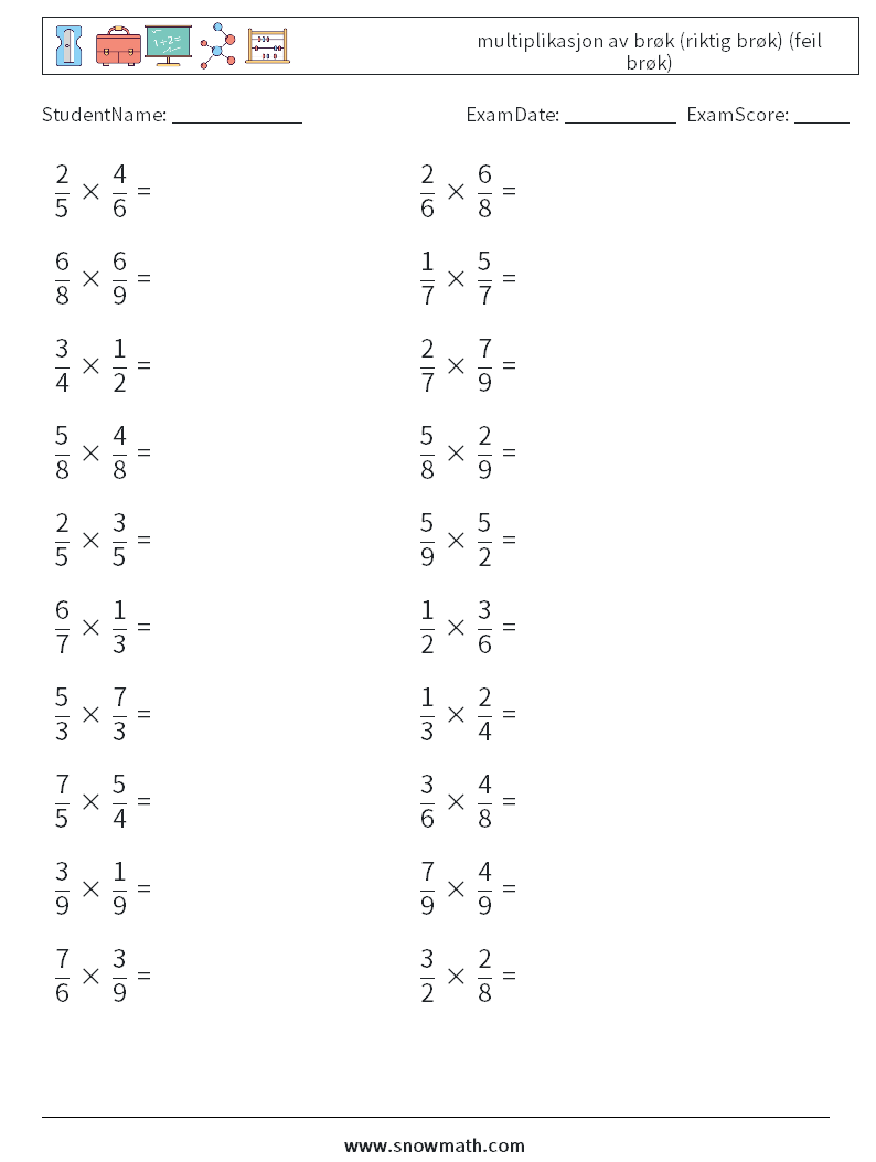 (20) multiplikasjon av brøk (riktig brøk) (feil brøk) MathWorksheets 16