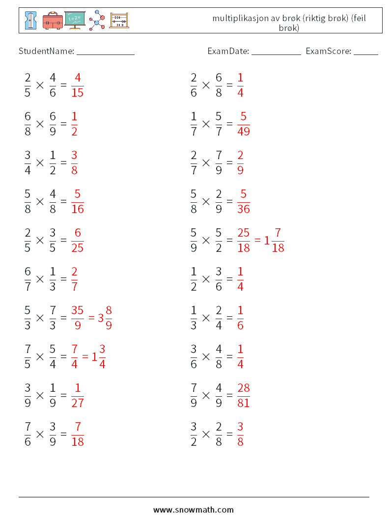(20) multiplikasjon av brøk (riktig brøk) (feil brøk) MathWorksheets 16 QuestionAnswer