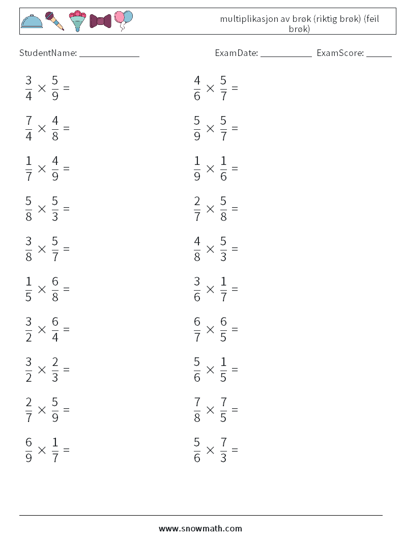 (20) multiplikasjon av brøk (riktig brøk) (feil brøk) MathWorksheets 17