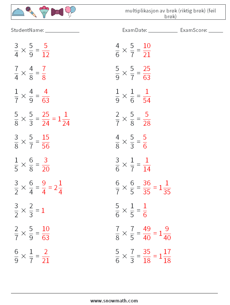 (20) multiplikasjon av brøk (riktig brøk) (feil brøk) MathWorksheets 17 QuestionAnswer