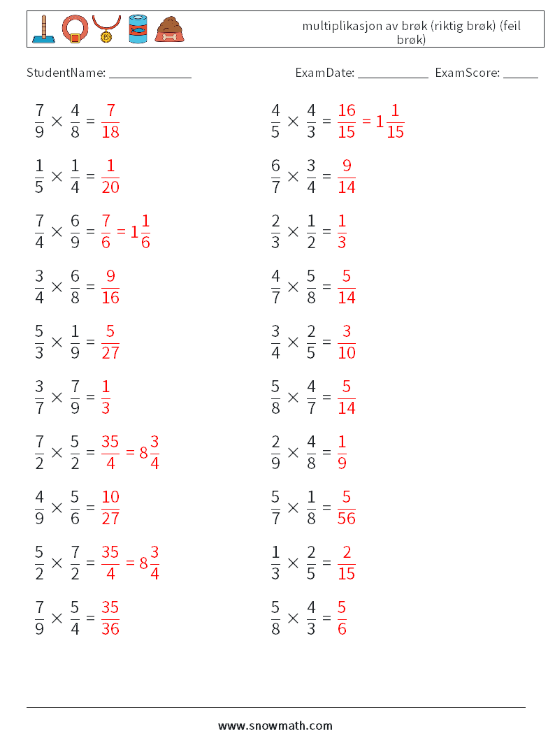 (20) multiplikasjon av brøk (riktig brøk) (feil brøk) MathWorksheets 18 QuestionAnswer