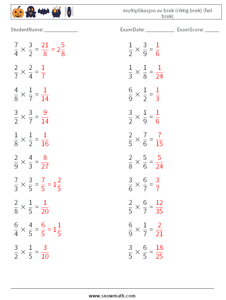 (20) multiplikasjon av brøk (riktig brøk) (feil brøk) MathWorksheets 1 QuestionAnswer
