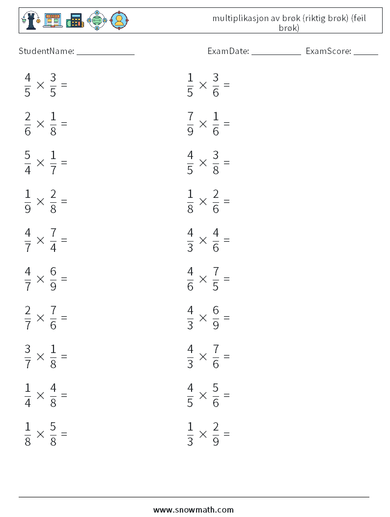 (20) multiplikasjon av brøk (riktig brøk) (feil brøk) MathWorksheets 2