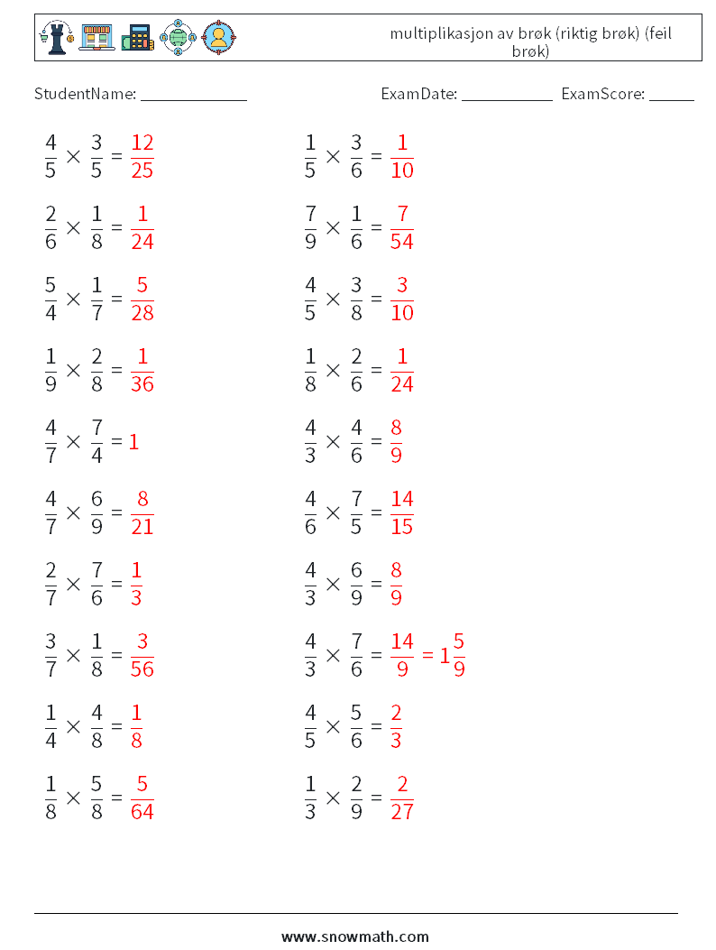 (20) multiplikasjon av brøk (riktig brøk) (feil brøk) MathWorksheets 2 QuestionAnswer