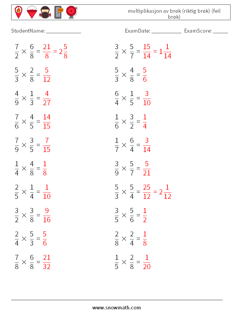 (20) multiplikasjon av brøk (riktig brøk) (feil brøk) MathWorksheets 3 QuestionAnswer