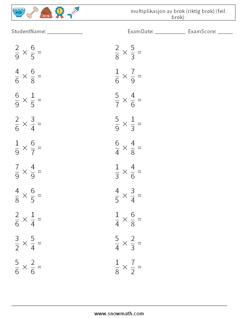 (20) multiplikasjon av brøk (riktig brøk) (feil brøk) MathWorksheets 4