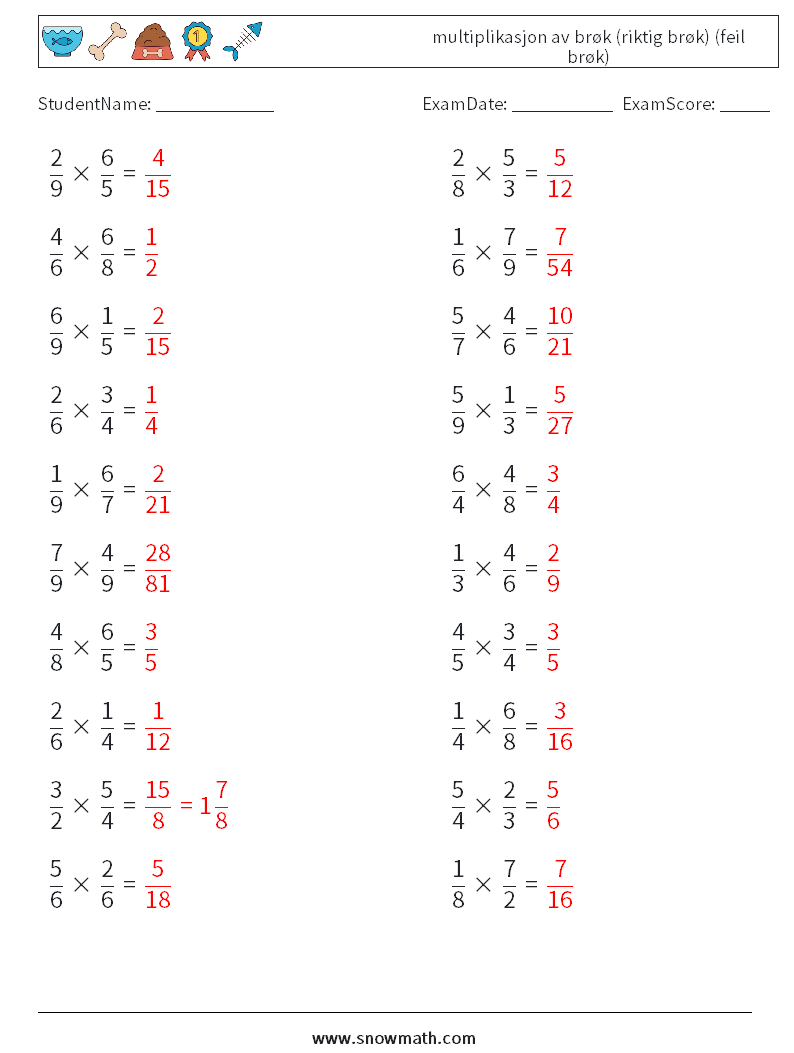 (20) multiplikasjon av brøk (riktig brøk) (feil brøk) MathWorksheets 4 QuestionAnswer