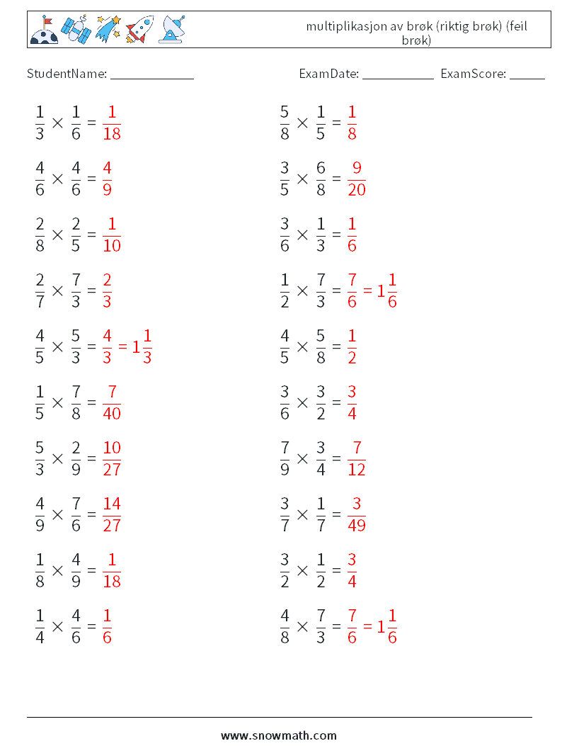 (20) multiplikasjon av brøk (riktig brøk) (feil brøk) MathWorksheets 5 QuestionAnswer