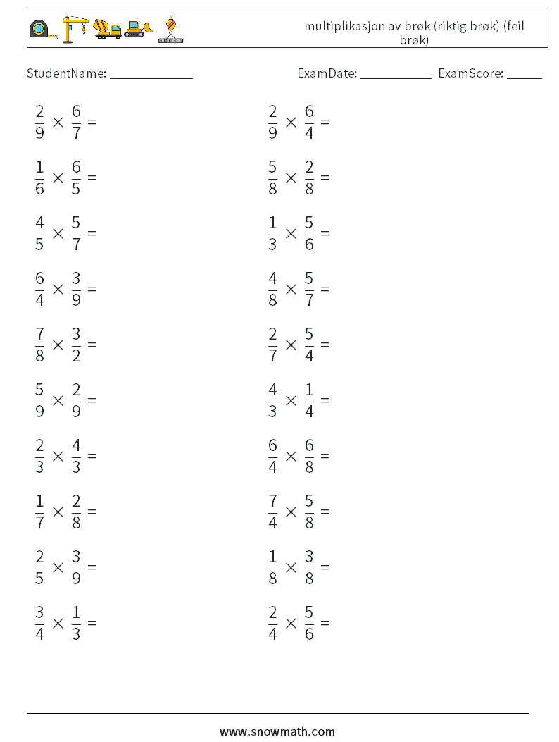 (20) multiplikasjon av brøk (riktig brøk) (feil brøk) MathWorksheets 6