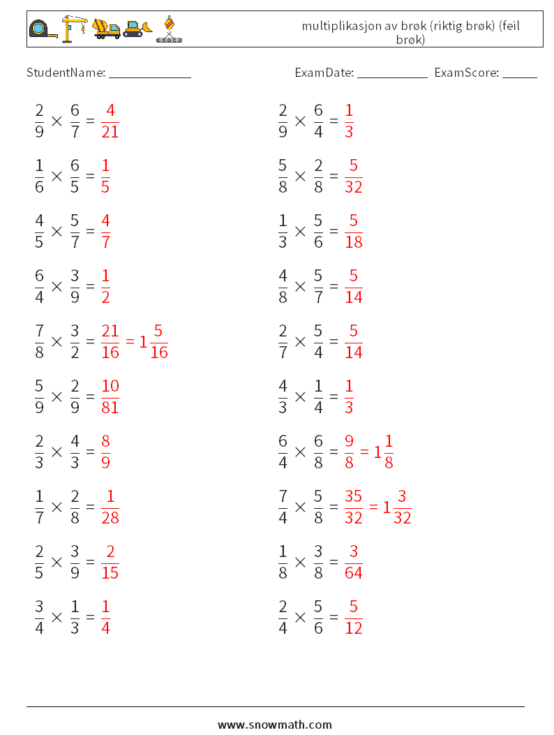 (20) multiplikasjon av brøk (riktig brøk) (feil brøk) MathWorksheets 6 QuestionAnswer