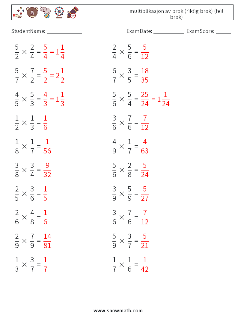 (20) multiplikasjon av brøk (riktig brøk) (feil brøk) MathWorksheets 7 QuestionAnswer