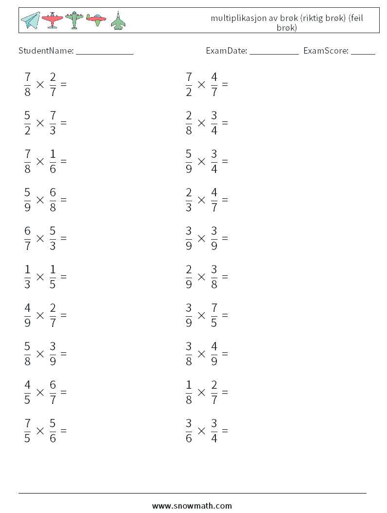 (20) multiplikasjon av brøk (riktig brøk) (feil brøk) MathWorksheets 8