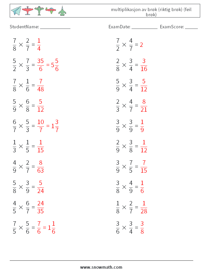 (20) multiplikasjon av brøk (riktig brøk) (feil brøk) MathWorksheets 8 QuestionAnswer