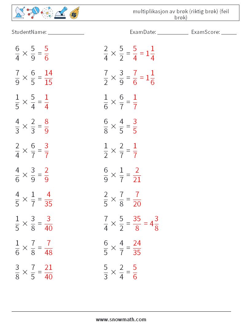 (20) multiplikasjon av brøk (riktig brøk) (feil brøk) MathWorksheets 9 QuestionAnswer