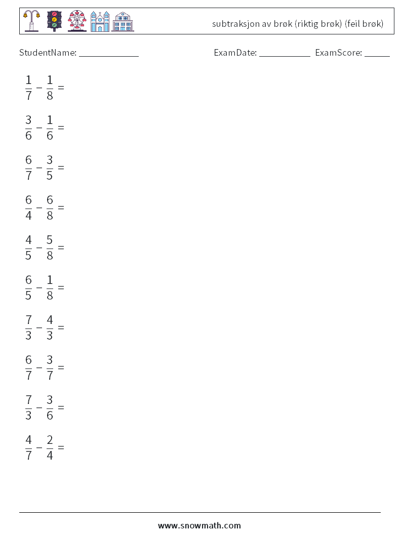 (10) subtraksjon av brøk (riktig brøk) (feil brøk) MathWorksheets 1