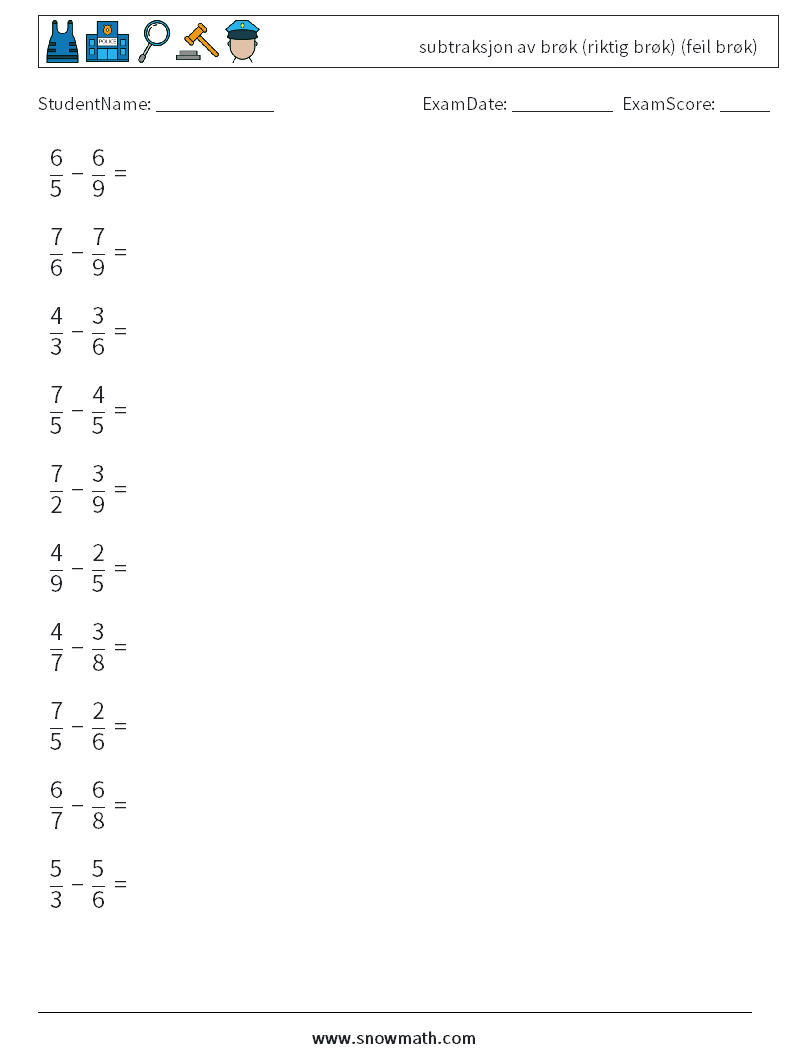 (10) subtraksjon av brøk (riktig brøk) (feil brøk) MathWorksheets 12