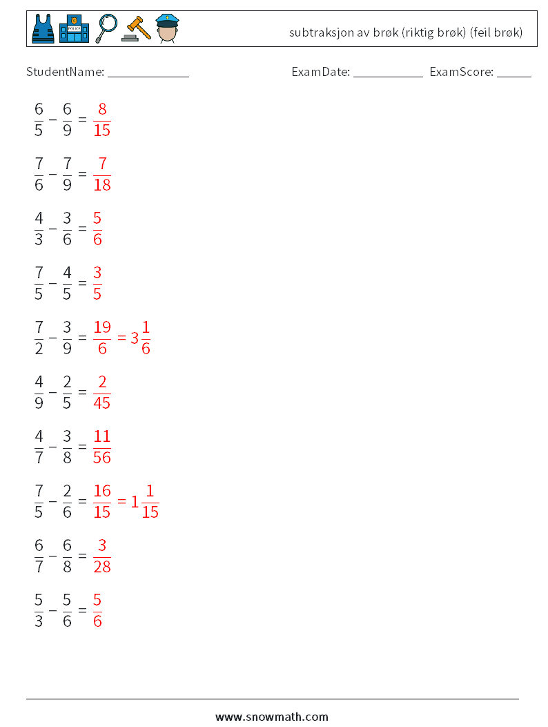 (10) subtraksjon av brøk (riktig brøk) (feil brøk) MathWorksheets 12 QuestionAnswer