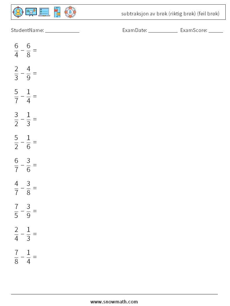 (10) subtraksjon av brøk (riktig brøk) (feil brøk) MathWorksheets 13