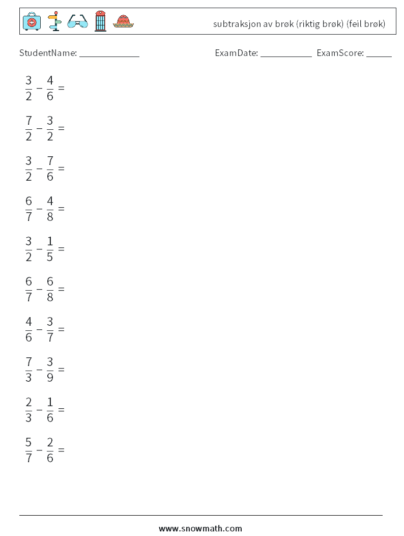 (10) subtraksjon av brøk (riktig brøk) (feil brøk) MathWorksheets 14