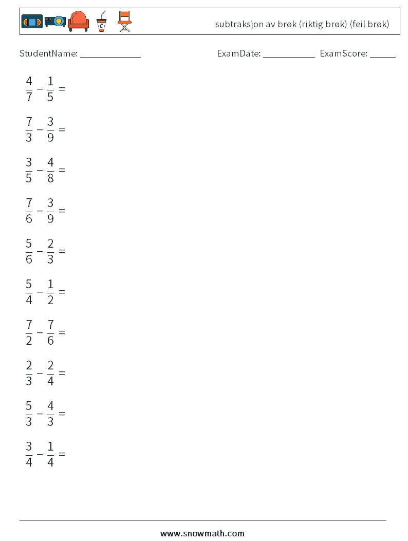 (10) subtraksjon av brøk (riktig brøk) (feil brøk) MathWorksheets 15