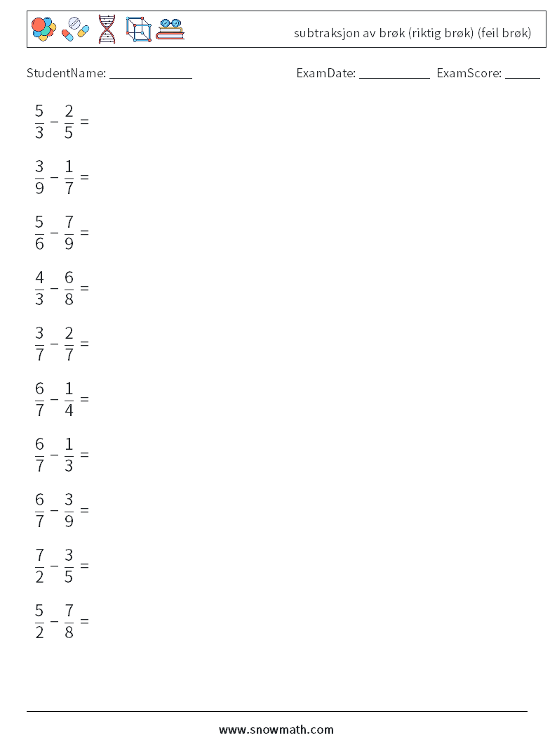 (10) subtraksjon av brøk (riktig brøk) (feil brøk) MathWorksheets 16