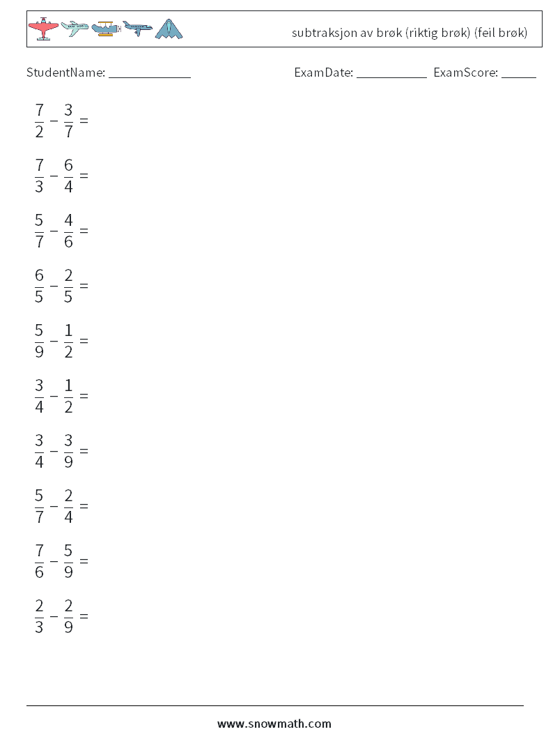 (10) subtraksjon av brøk (riktig brøk) (feil brøk) MathWorksheets 17