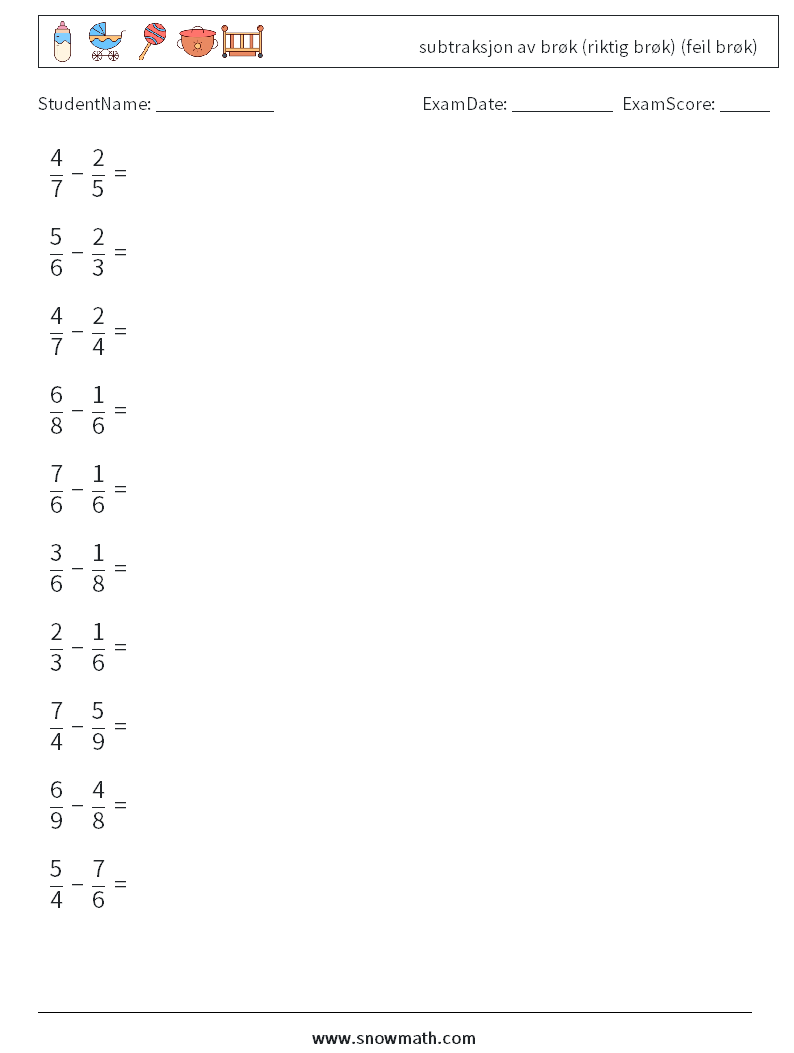 (10) subtraksjon av brøk (riktig brøk) (feil brøk) MathWorksheets 18