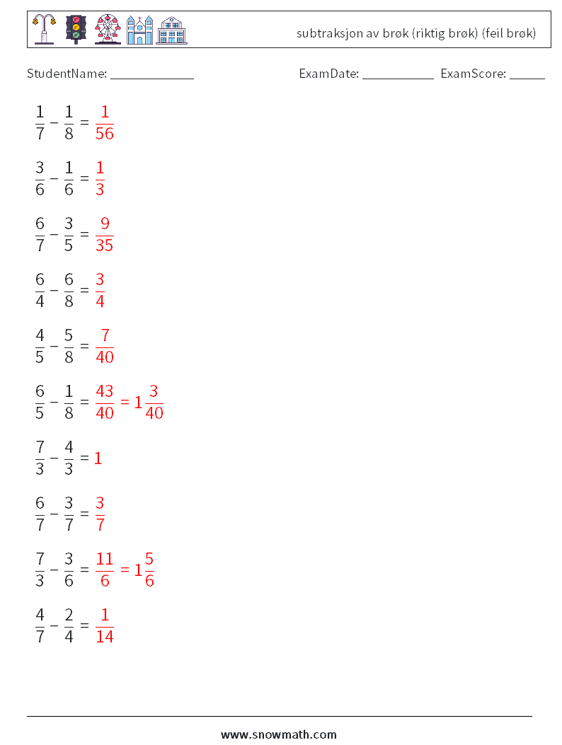 (10) subtraksjon av brøk (riktig brøk) (feil brøk) MathWorksheets 1 QuestionAnswer