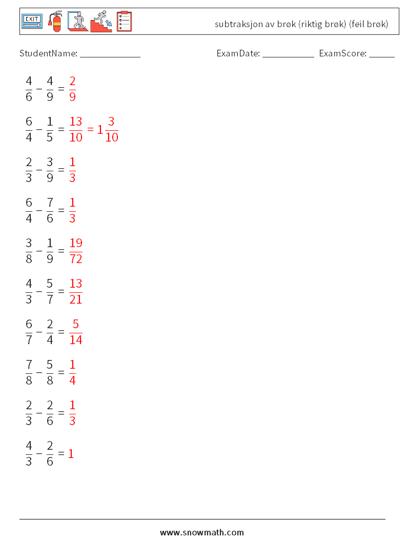 (10) subtraksjon av brøk (riktig brøk) (feil brøk) MathWorksheets 3 QuestionAnswer