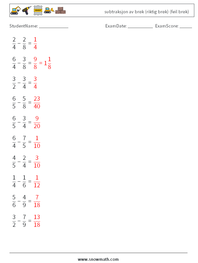 (10) subtraksjon av brøk (riktig brøk) (feil brøk) MathWorksheets 4 QuestionAnswer