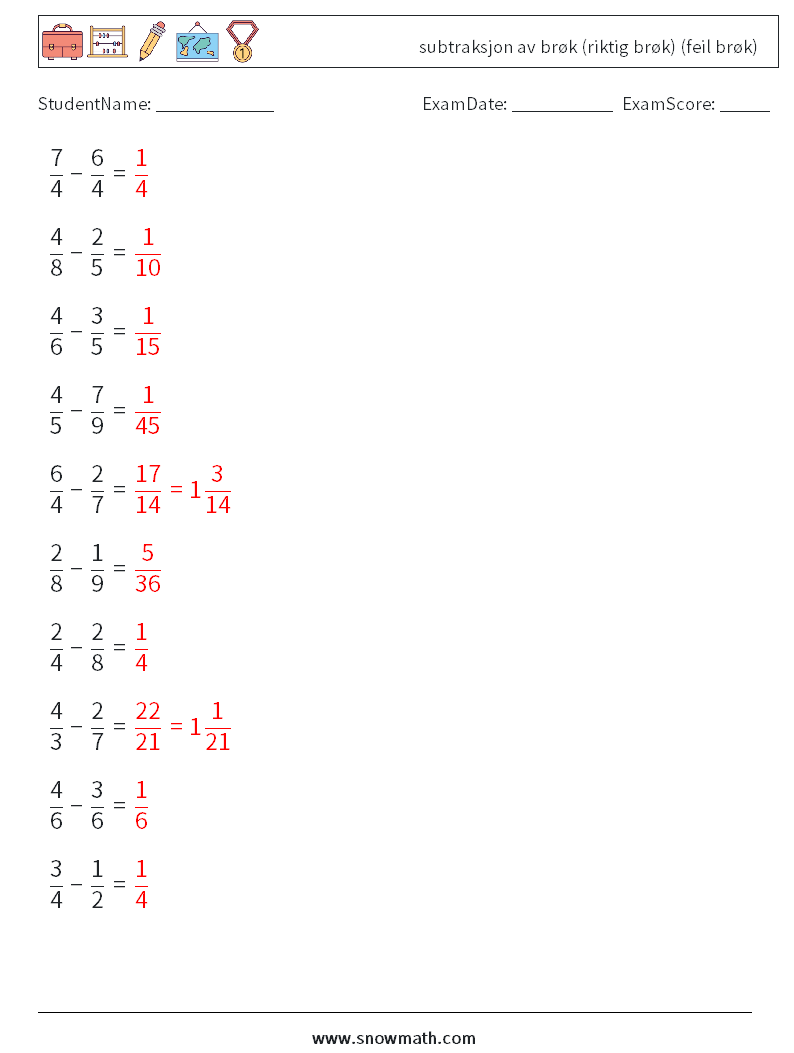 (10) subtraksjon av brøk (riktig brøk) (feil brøk) MathWorksheets 6 QuestionAnswer